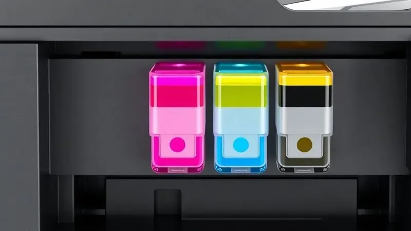 Renderização 3D detalhada de tanques de tinta integrados com cores vibrantes em uma impressora conceitual.