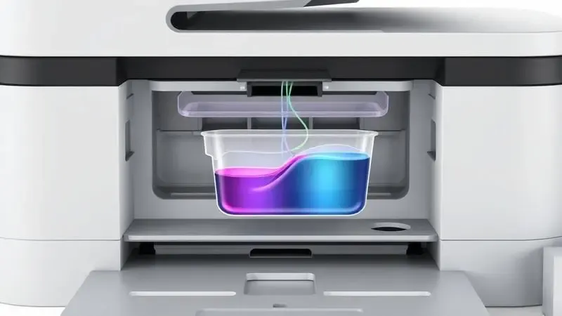 Ilustração 3D conceitual de um sistema de reservatório de tinta sendo preenchido com líquido ciano vibrante em uma impressora genérica.