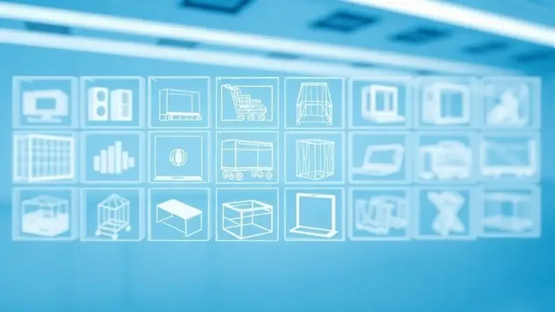 Renderização 3D de uma interface digital minimalista exibindo diversos modelos 3D em formato de malha para download.