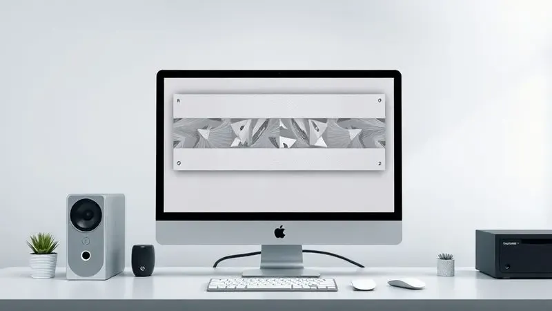 Ilustração digital de um monitor de computador exibindo padrões de design abstratos para personalização de fitas em um ambiente clean.