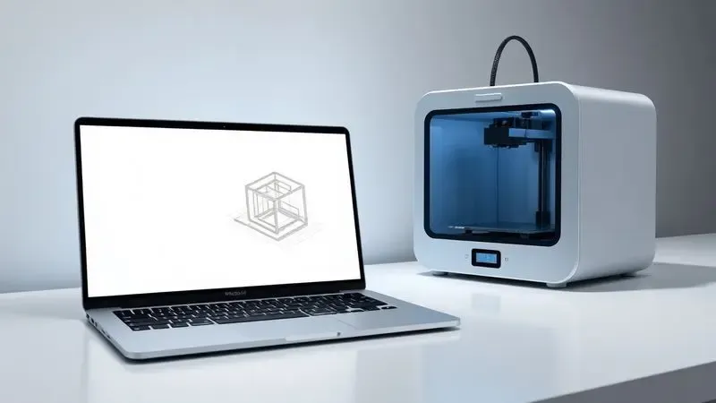 Representação artística do ecossistema digital de impressão 3D, integrando software de modelagem e a impressora.