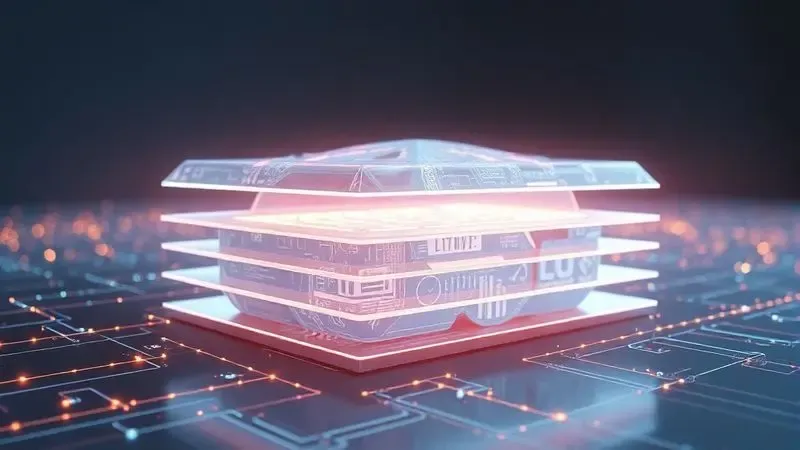 Representação artística de um modelo 3D sendo fatiado em camadas brilhantes com fluxos de dados simbolizando inteligência artificial.