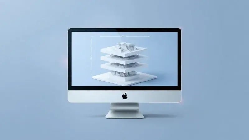 Representação artística digital de um modelo tridimensional sendo processado por um software de fatiamento no computador.