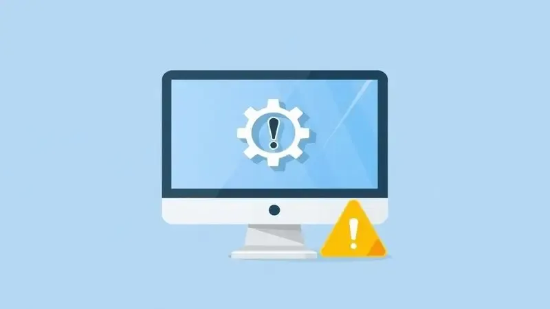 Ilustração conceitual de uma tela com ícone de engrenagem e alerta para representar a solução de problemas na instalação de drivers.