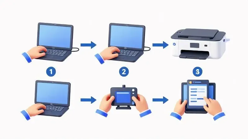 Representação visual do processo passo a passo para resolver problema de impressora offline
