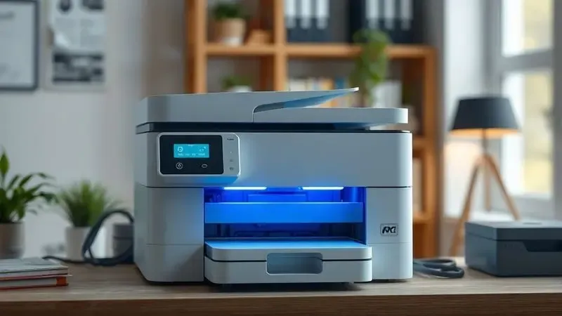 Ilustração de suporte técnico mostrando uma impressora estilizada com luzes indicativas suaves em um ambiente de escritório.