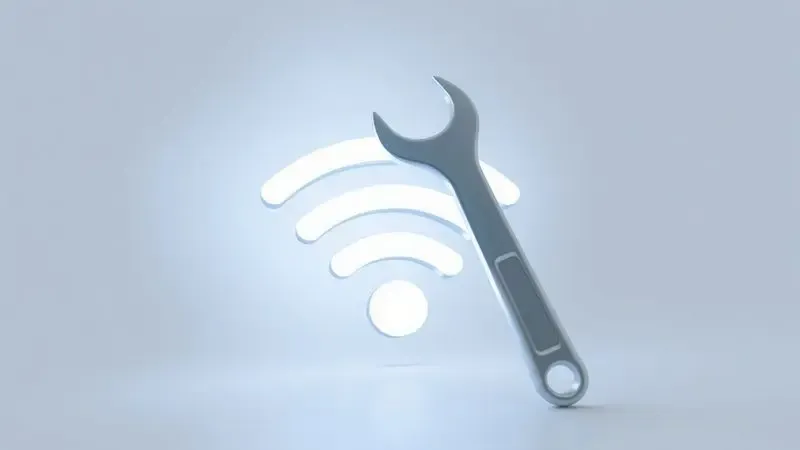 Representação artística de um ícone de sinal Wi-Fi com uma engrenagem de ajuste, simbolizando o suporte técnico e correção de erros.