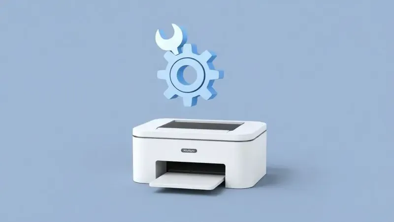 Ilustração conceitual de ícones de engrenagem e chave de fenda representando a solução de problemas técnicos em uma impressora.