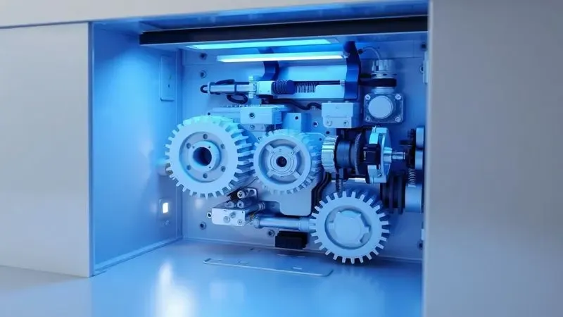 Renderização 3D artística mostrando engrenagens e componentes eletrônicos internos de uma impressora de forma conceitual.