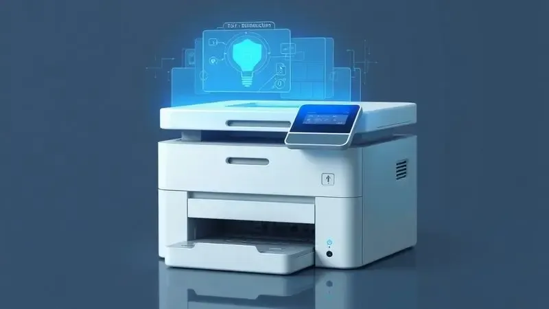 Ilustração técnica de uma impressora com luzes de diagnóstico azuis sugerindo a resolução de problemas comuns e manutenção.