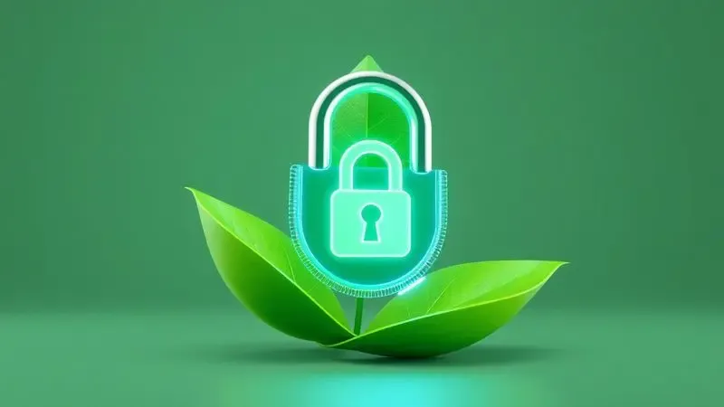 Ilustração digital de uma folha verde integrada a um cadeado digital, representando tecnologia ecológica e proteção de dados.