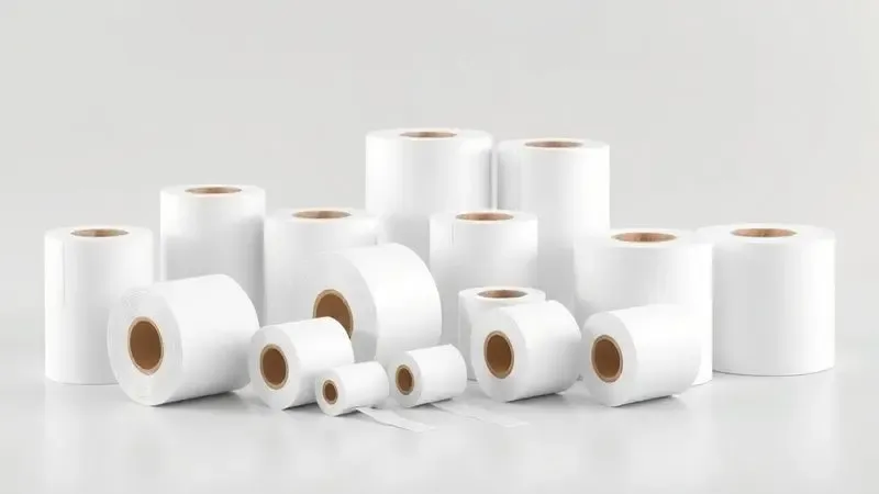 Composição artística 3D de rolos de ribbon de diferentes tamanhos organizados de forma minimalista.