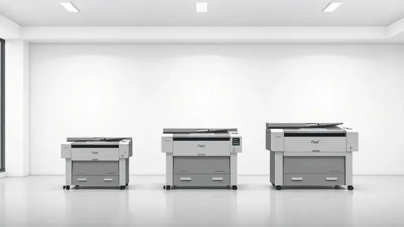 Representação estilizada de três tamanhos diferentes de impressoras para produção de adesivos em um estúdio moderno.