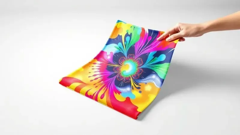 Renderização 3D de uma estampa vibrante sendo aplicada em um tecido de algodão via tecnologia DTF.