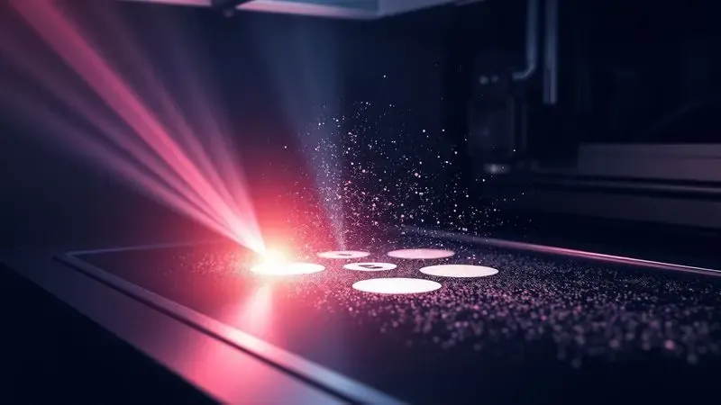 Ilustração digital da tecnologia laser mostrando feixes de luz e partículas finas de toner interagindo em um cilindro de impressão.