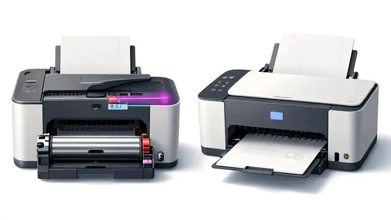 Diagrama ilustrativo comparando mecanismos internos de impressoras laser e jato de tinta