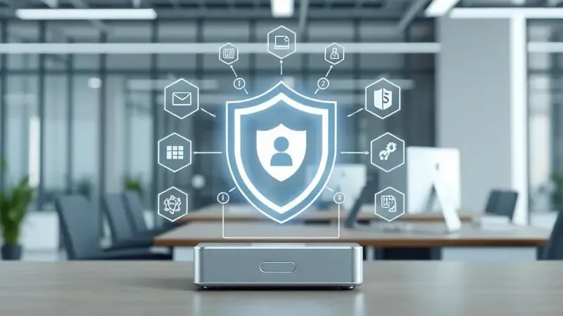 Escudo digital protegendo documentos em um ambiente de escritório moderno, representando a luta contra golpes financeiros.