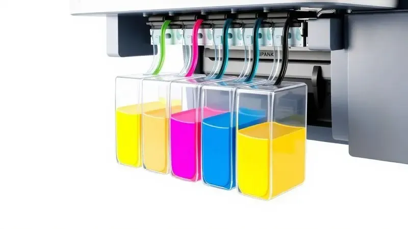 Ilustração 3D conceitual de um sistema de tanques de tinta colorida integrados a uma impressora moderna.