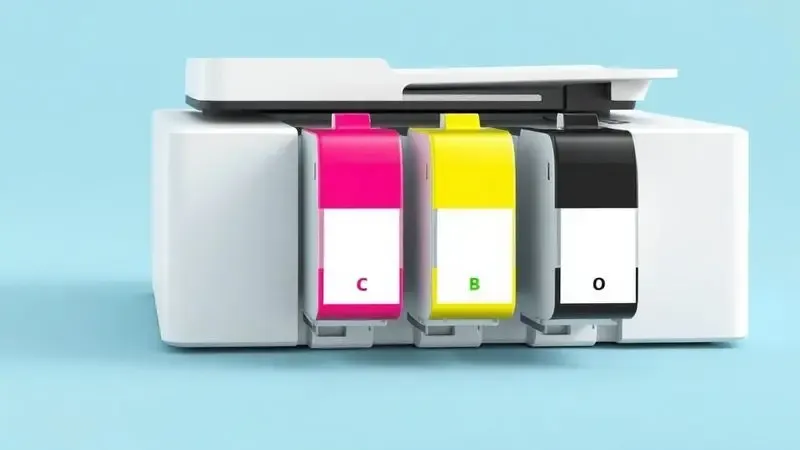 Ilustração 3D artística de tanques de tinta colorida (CMYK) fluindo para um sistema de impressão moderno.