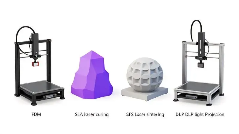 Ilustração conceitual das quatro principais tecnologias de impressão 3D: FDM, SLA, SLS e DLP.