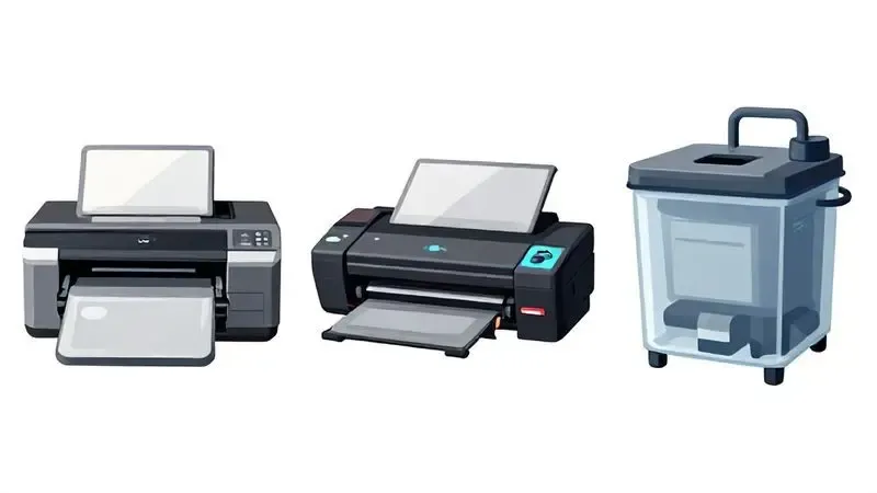 Ilustração conceitual das três tecnologias de impressão: laser, jato de tinta e tanque