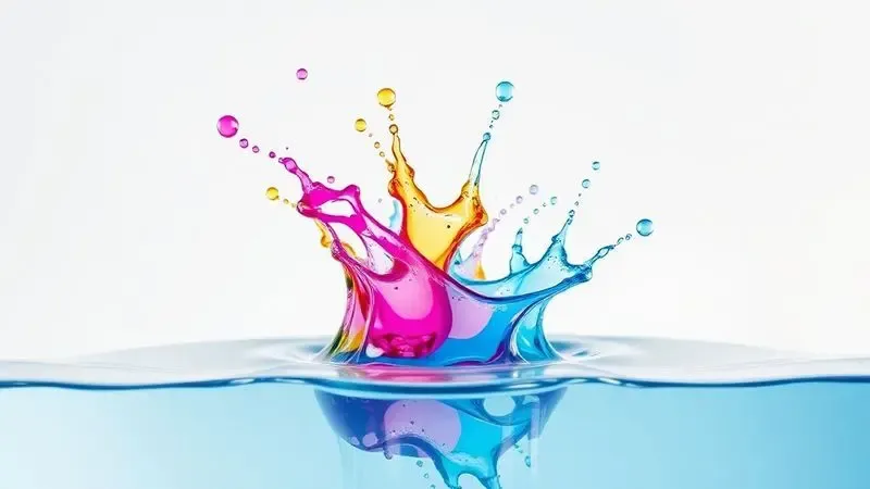 Renderização 3D artística de gotas de tinta colorida CMYK caindo em um líquido transparente, representando fidelidade de cores e rendimento.