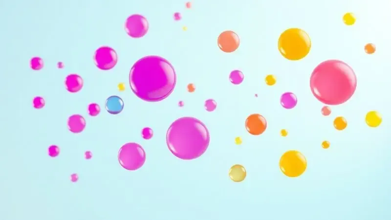 Representação artística em 3D de gotas de tintas coloridas simbolizando pigmentos comestíveis para confeitaria.