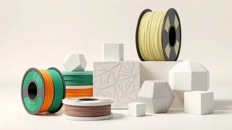 Ilustração digital de diversos carretéis de filamento coloridos e objetos geométricos impressos em 3D com diferentes acabamentos superficiais.