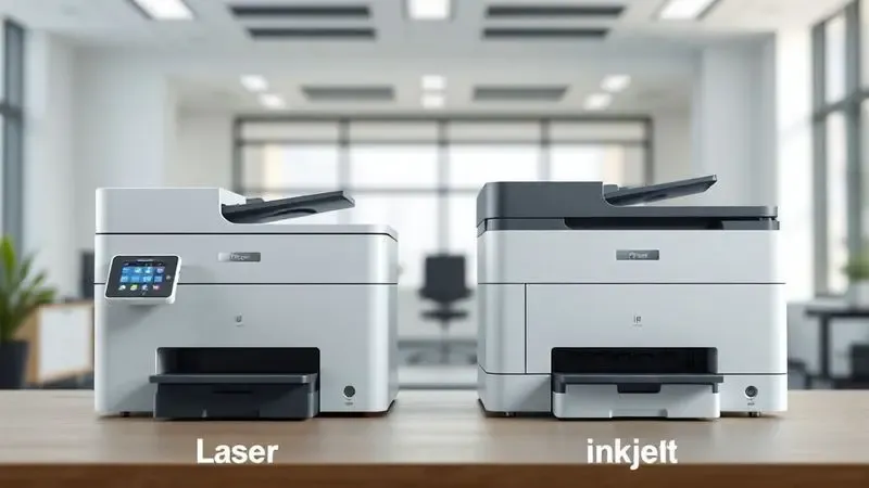 Representação 3D estilizada comparando os mecanismos de impressão a laser e jato de tinta em um ambiente artístico.