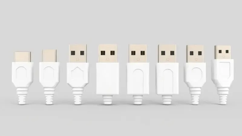Ilustração 3D mostrando uma linha de diferentes tipos de conectores USB de forma minimalista e organizada.