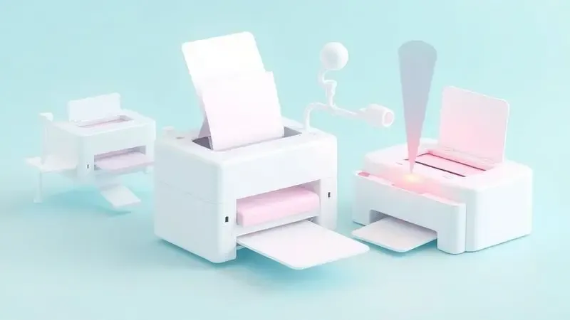 Ilustração 3D conceitual mostrando a diferença entre o mecanismo interno de uma impressora de tinta e uma a laser.