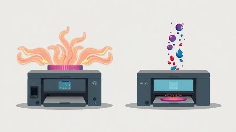 Ilustração técnica comparando o funcionamento de mecanismos de calor e gotas de tinta para impressoras de tatuagem.