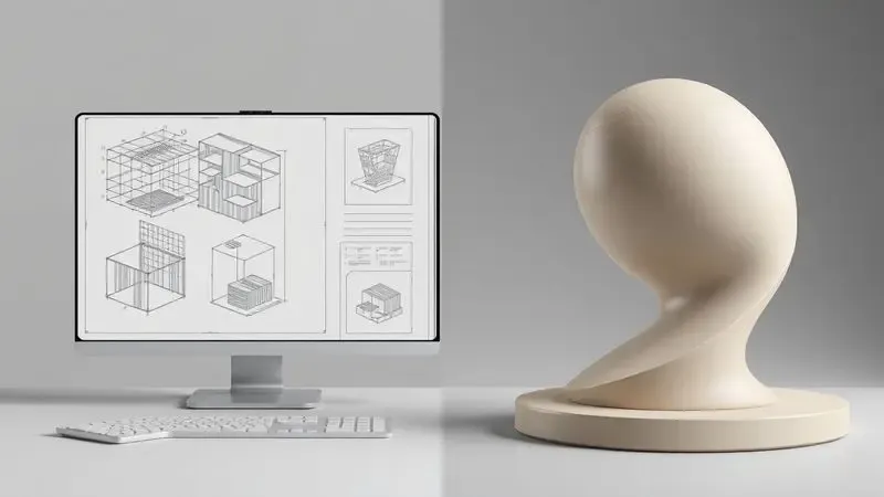 Ilustração digital comparando modelagem CAD técnica e escultura digital em um ambiente de design moderno.