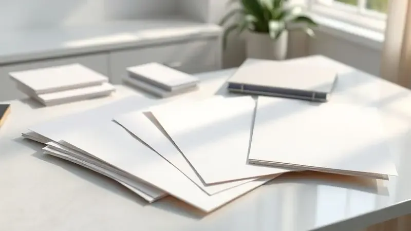 Ilustração 3D mostrando diferentes texturas de papel fotográfico, como acabamento fosco, acetinado e brilhante sobre uma superfície neutra.