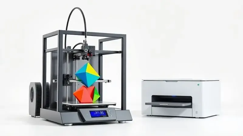 Representação em 3D de uma impressora 3D pedagógica criando um modelo geométrico ao lado de uma impressora laser em um ambiente de laboratório.