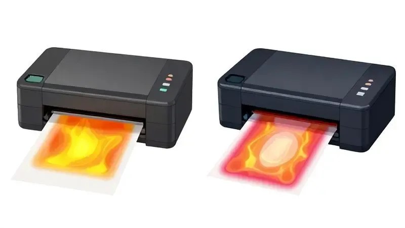 Comparação visual conceitual entre impressão térmica direta e por transferência térmica