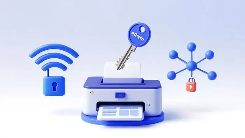 Três tipos de senhas de impressora representadas conceitualmente: Wi-Fi, administrador e rede com símbolos de segurança