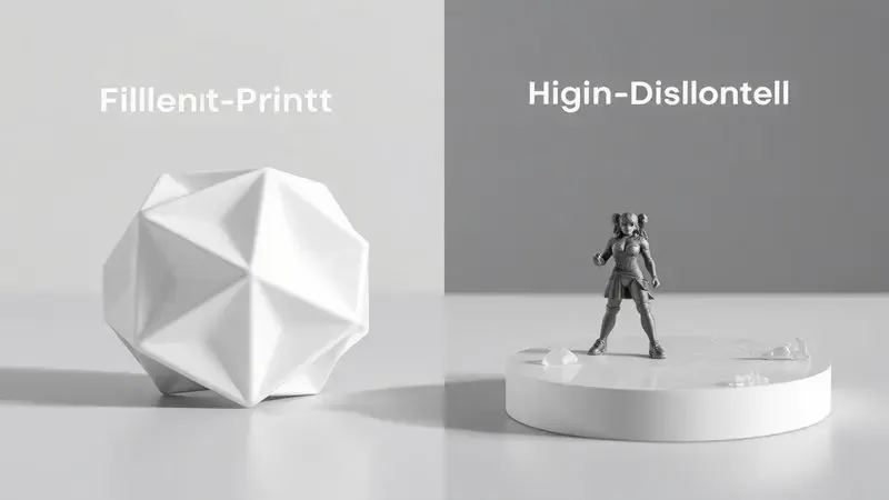 Comparação visual entre objetos conceituais impressos com tecnologias FDM e SLA em estilo de renderização 3D artístico.