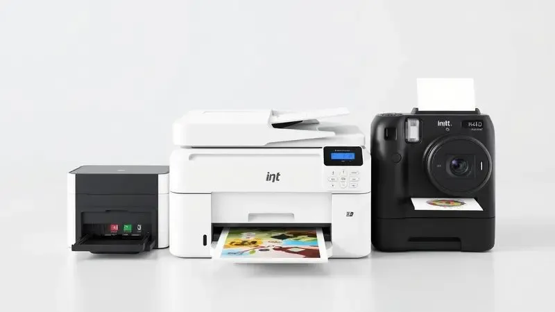 Representação em 3D de diferentes tipos de tecnologias de impressão fotográfica em um fundo limpo.