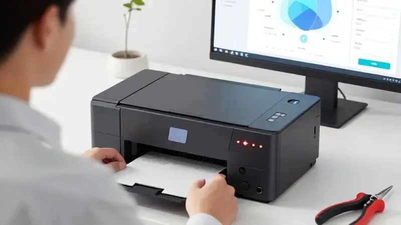 Conceito de troubleshooting técnico, análise de impressora com indicador de erro e interface diagnóstica.