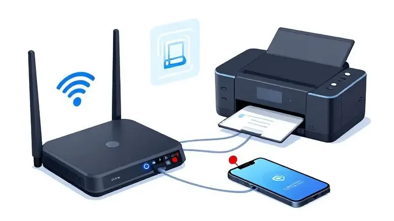 Visualização conceitual de troubleshooting de rede Wi-Fi com elementos de conectividade e indicadores de erro