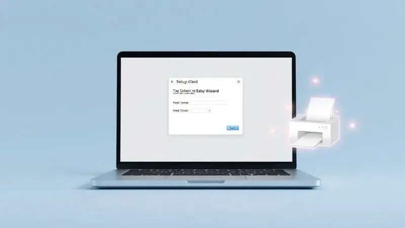 Ilustração 3D conceitual de um computador configurando o software de uma impressora.
