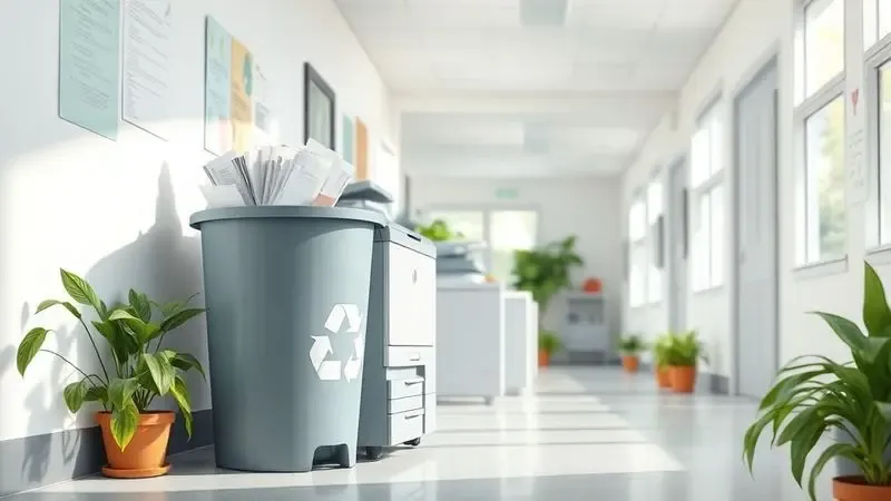 Estação de impressão escolar organizada com lixeira de reciclagem de papel e luz natural, sugerindo sustentabilidade e uso consciente.