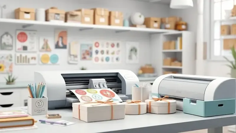 Cena conceitual em 3D de um ambiente de trabalho criativo com itens personalizados como adesivos e embalagens feitos com plotter.