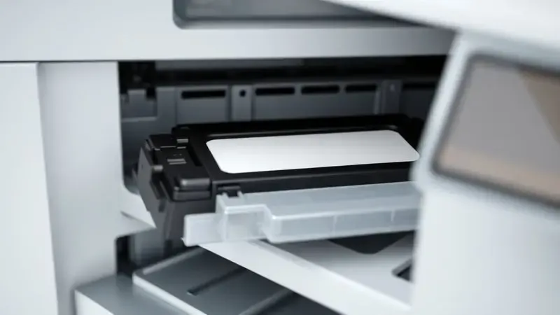 Ilustração 3D de um cartucho de toner genérico sendo inserido em uma impressora, simbolizando manutenção e cuidado.