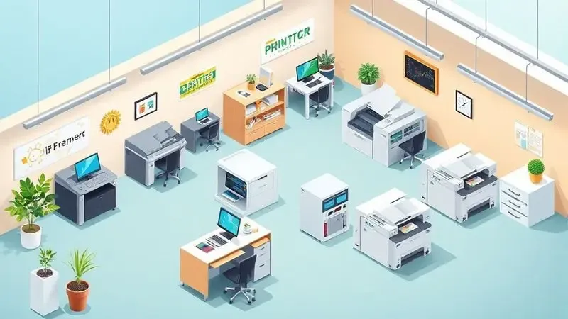 Vista isométrica de diferentes ambientes de trabalho utilizando impressoras de alto rendimento.