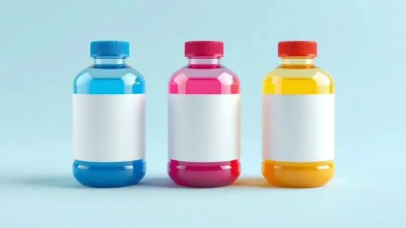 Ilustração 3D de frascos de tinta colorida translúcidos com design minimalista e moderno, representando eficiência de economia.