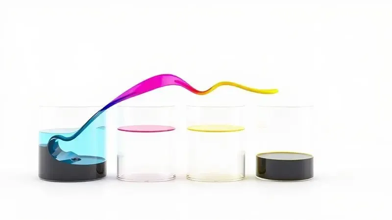 Renderização 3D de tintas coloridas fluindo para recipientes transparentes, representando a economia e durabilidade do tanque de tinta.