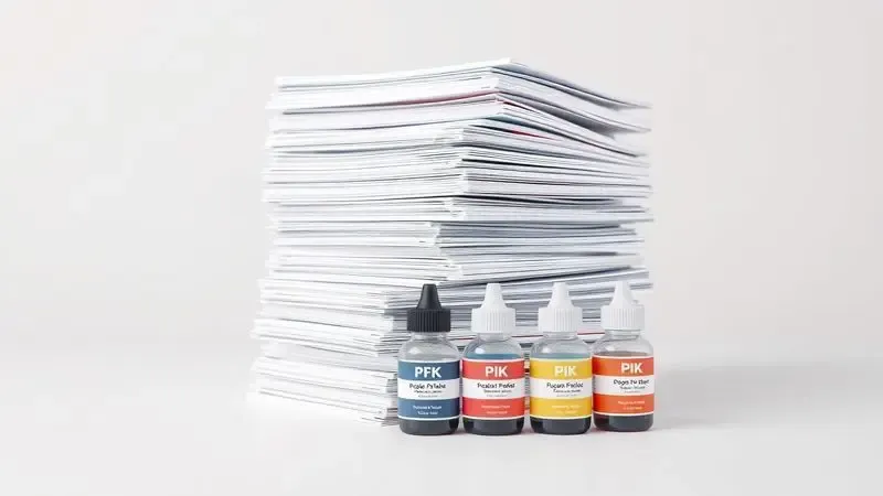 Renderização artística de uma grande pilha de papéis impressos ao lado de frascos de tinta, simbolizando alta produtividade.