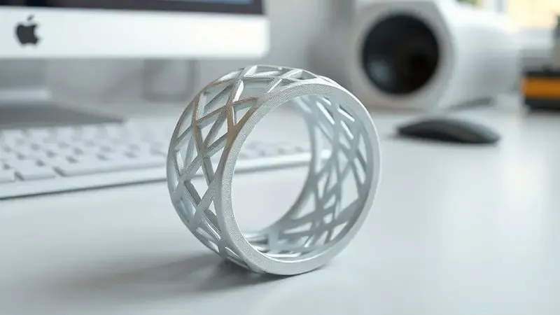 Modelo de anel com padrões geométricos complexos impresso em 3D sobre uma superfície de trabalho minimalista.
